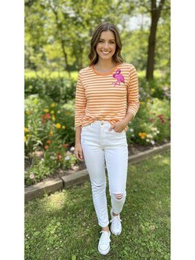 Quacker Factory XS Orange & White Striped Flamingo Top